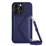 For iPhone 13 Pro Max Rhombic Texture Card Bag RFID Phone Case with Long Lanyard(Dark Purple)