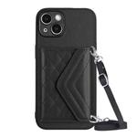For iPhone 14 Rhombic Texture Card Bag RFID Phone Case with Long Lanyard(Black)