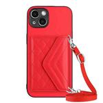 For iPhone 14 Rhombic Texture Card Bag RFID Phone Case with Long Lanyard(Red)