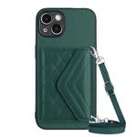 For iPhone 14 Plus Rhombic Texture Card Bag RFID Phone Case with Long Lanyard(Green)