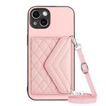 For iPhone 14 Plus Rhombic Texture Card Bag RFID Phone Case with Long Lanyard(Rose Gold)