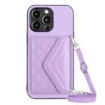 For iPhone 14 Pro Max Rhombic Texture Card Bag RFID Phone Case with Long Lanyard(Light Purple)