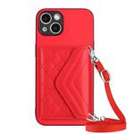 For iPhone 15 Plus Rhombic Texture Card Bag RFID Phone Case with Long Lanyard(Red)