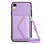 For iPhone XR Rhombic Texture Card Bag RFID Phone Case with Long Lanyard(Light Purple)