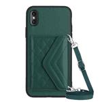 For iPhone XS Max Rhombic Texture Card Bag RFID Phone Case with Long Lanyard(Green)