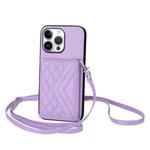 For iPhone 16 Pro Max Rhombic Texture Card Bag RFID Phone Case with Long Lanyard(Light Purple)