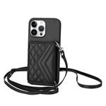 For iPhone 16 Pro Max Rhombic Texture Card Bag RFID Phone Case with Long Lanyard(Black)