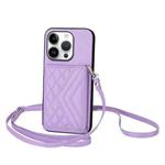 For iPhone 16 Pro Rhombic Texture Card Bag RFID Phone Case with Long Lanyard(Light Purple)