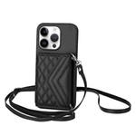 For iPhone 16 Pro Rhombic Texture Card Bag RFID Phone Case with Long Lanyard(Black)