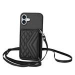 For iPhone 16 Plus Rhombic Texture Card Bag RFID Phone Case with Long Lanyard(Black)