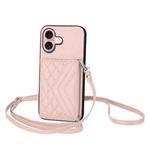 For iPhone 16 Rhombic Texture Card Bag RFID Phone Case with Long Lanyard(Rose Gold)