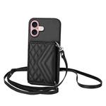 For iPhone 16 Rhombic Texture Card Bag RFID Phone Case with Long Lanyard(Black)