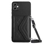 For Samsung Galaxy A04 4G Rhombic Texture Card Bag RFID Phone Case with Long Lanyard(Black)