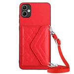 For Samsung Galaxy A04 4G Rhombic Texture Card Bag RFID Phone Case with Long Lanyard(Red)