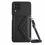 For Samsung Galaxy A12 Rhombic Texture Card Bag RFID Phone Case with Long Lanyard(Black)