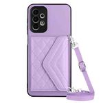 For Samsung Galaxy A13 4G Rhombic Texture Card Bag RFID Phone Case with Long Lanyard(Light Purple)