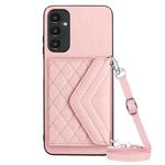 For Samsung Galaxy A14 5G Rhombic Texture Card Bag RFID Phone Case with Long Lanyard(Rose Gold)