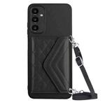 For Samsung Galaxy A15 Rhombic Texture Card Bag RFID Phone Case with Long Lanyard(Black)