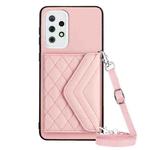 For Samsung Galaxy A33 5G Rhombic Texture Card Bag RFID Phone Case with Long Lanyard(Rose Gold)