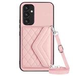 For Samsung Galaxy A34 5G Rhombic Texture Card Bag RFID Phone Case with Long Lanyard(Rose Gold)