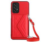 For Samsung Galaxy A52 Rhombic Texture Card Bag RFID Phone Case with Long Lanyard(Red)