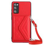 For Samsung Galaxy S20 FE Rhombic Texture Card Bag RFID Phone Case with Long Lanyard(Red)