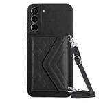 For Samsung Galaxy S21 FE Rhombic Texture Card Bag RFID Phone Case with Long Lanyard(Black)
