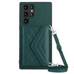 For Samsung Galaxy S22 Ultra 5G Rhombic Texture Card Bag RFID Phone Case with Long Lanyard(Green)