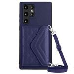 For Samsung Galaxy S22 Ultra 5G Rhombic Texture Card Bag RFID Phone Case with Long Lanyard(Dark Purple)