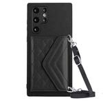 For Samsung Galaxy S22 Ultra 5G Rhombic Texture Card Bag RFID Phone Case with Long Lanyard(Black)