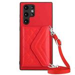 For Samsung Galaxy S22 Ultra 5G Rhombic Texture Card Bag RFID Phone Case with Long Lanyard(Red)