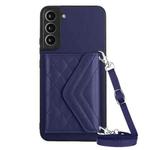 For Samsung Galaxy S22 5G Rhombic Texture Card Bag RFID Phone Case with Long Lanyard(Dark Purple)