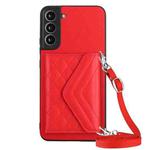 For Samsung Galaxy S22 5G Rhombic Texture Card Bag RFID Phone Case with Long Lanyard(Red)