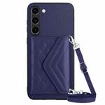 For Samsung Galaxy S23 5G Rhombic Texture Card Bag RFID Phone Case with Long Lanyard(Dark Purple)