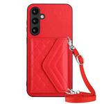 For Samsung Galaxy S23 FE 5G Rhombic Texture Card Bag RFID Phone Case with Long Lanyard(Red)