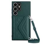 For Samsung Galaxy S23 Ultra 5G Rhombic Texture Card Bag RFID Phone Case with Long Lanyard(Green)