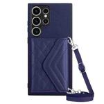 For Samsung Galaxy S23 Ultra 5G Rhombic Texture Card Bag RFID Phone Case with Long Lanyard(Dark Purple)