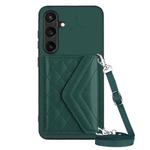 For Samsung Galaxy S24 5G Rhombic Texture Card Bag RFID Phone Case with Long Lanyard(Green)