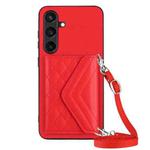 For Samsung Galaxy S24+ 5G Rhombic Texture Card Bag RFID Phone Case with Long Lanyard(Red)