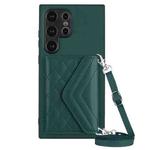 For Samsung Galaxy S24 Ultra 5G Rhombic Texture Card Bag RFID Phone Case with Long Lanyard(Green)