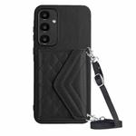 For Samsung Galaxy A55 Rhombic Texture Card Bag RFID Phone Case with Long Lanyard(Black)