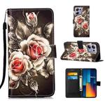For Xiaomi Poco M6 Pro 4G Colored Drawing Pattern Plain Weave Leather Phone Case(Roses On Black)