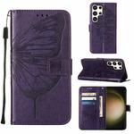 For Samsung Galaxy S24 Ultra 5G Embossed Butterfly Leather Phone Case(Dark Purple)