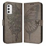 For Samsung Galaxy M52 5G Embossed Butterfly Leather Phone Case(Grey)