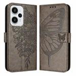 For Xiaomi Poco F5/Redmi Note 12 Turbo 5G Embossed Butterfly Leather Phone Case(Grey)