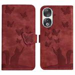 For Honor 90 / 80 Butterfly Cat Embossing Flip Leather Phone Case(Red)