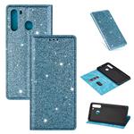 For Samsung Galaxy A21 Ultrathin Glitter Magnetic Horizontal Flip Leather Case with Holder & Card Slots(Sky Blue)