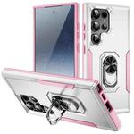 For Samsung Galaxy S24 Ultra 5G Pioneer Armor Heavy Duty PC + TPU Phone Case with Holder(White+Pink)