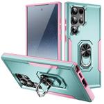 For Samsung Galaxy S24 Ultra 5G Pioneer Armor Heavy Duty PC + TPU Phone Case with Holder(Green+Pink)
