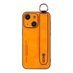 For iPhone 15 Plus Lambskin Wristband Holder Phone Case(Orange)
